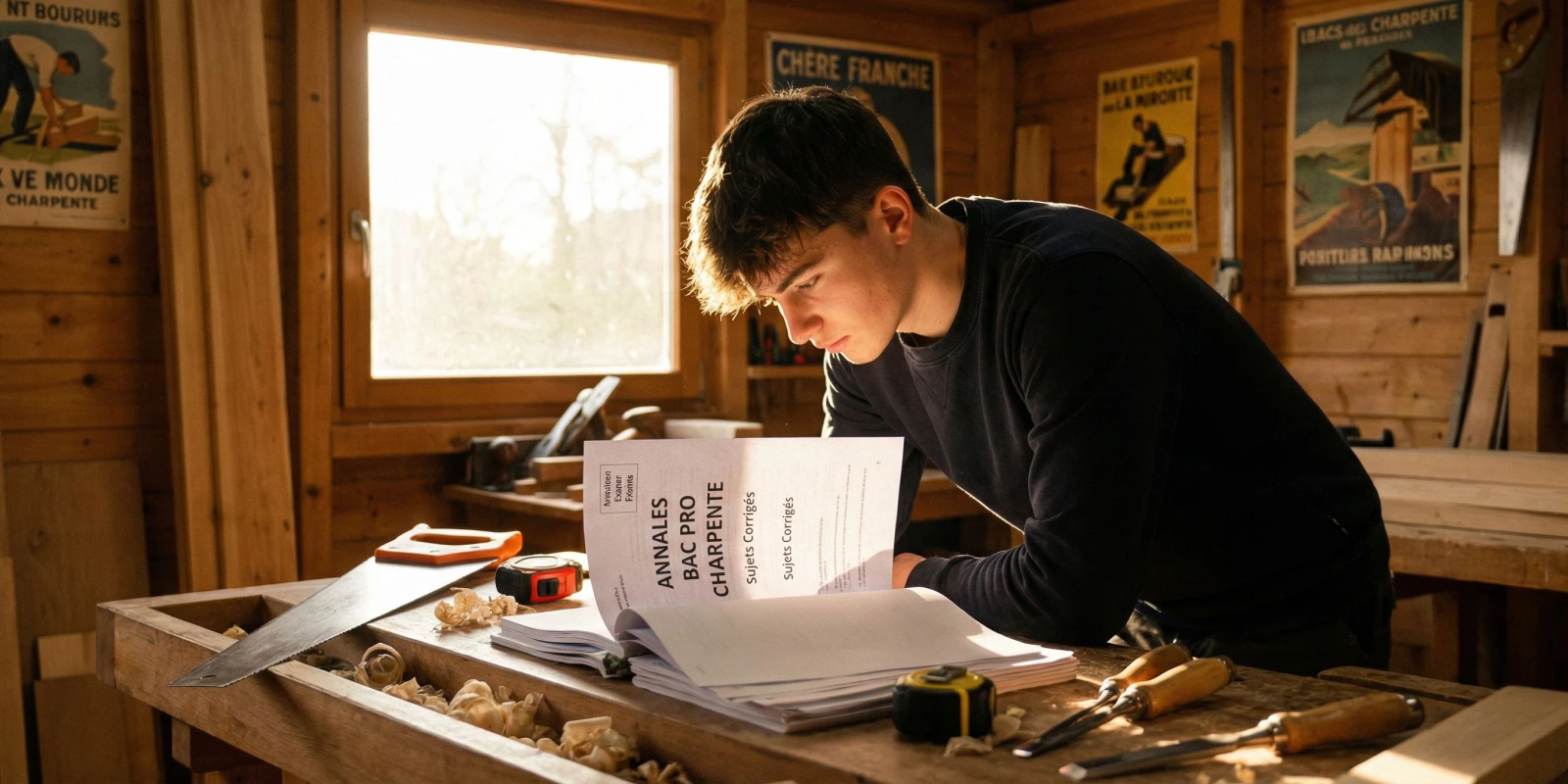 Annales BP Charpentier Bois : Sujets d'Examen et Conseils pour les Utiliser Efficacement Candidat charpentier bois consultant des annales d'examen sur un plan de travail en atelier