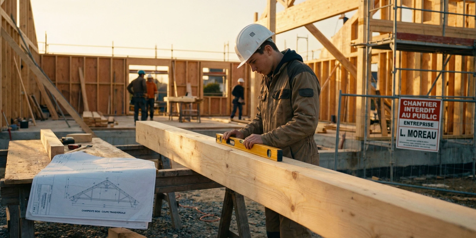 BP Charpentier Bois en Alternance : Tout Savoir sur l'Apprentissage (Durée, Salaire, CFA) Apprenti charpentier bois en tenue de travail sur un chantier de charpente traditionnelle