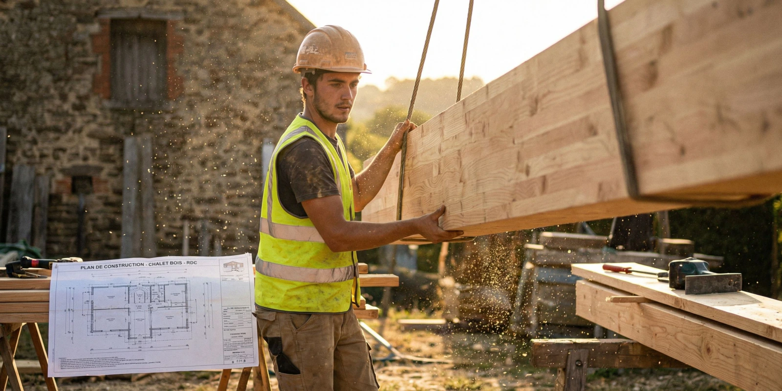 Après le BP Charpentier Bois : Débouchés Métiers et Poursuites d'Études Possibles Charpentier bois sur un chantier, levage d'une structure en bois massif