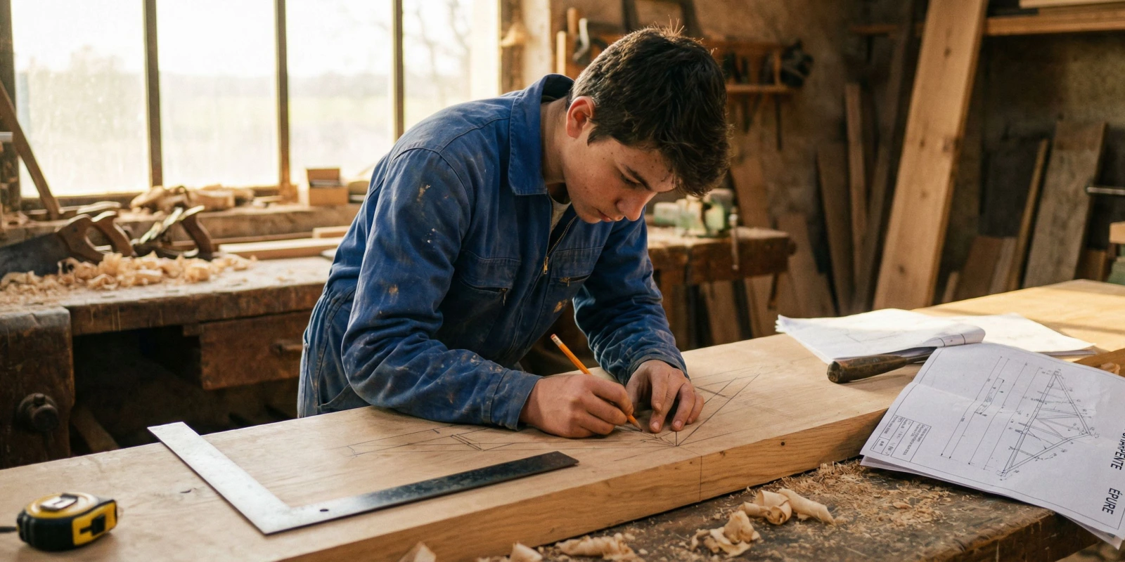 Épreuves du BP Charpentier Bois : Guide Complet E1, E2, E3 avec Coefficients et Conseils Charpentier en atelier traçant une épure sur table de travail pour l'examen BP
