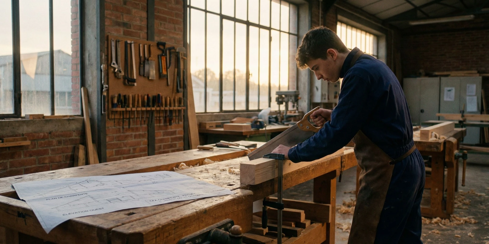 Où Préparer le BP Charpentier Bois ? CFA, Compagnons et Centres de Formation en France Apprenti charpentier bois en atelier CFA, taillant une pièce de charpente traditionnelle