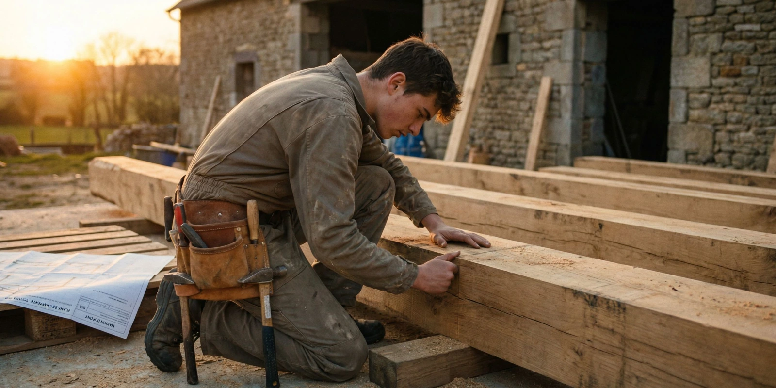 Inscription au BP Charpentier Bois en Candidat Libre : Mode d'Emploi Complet Charpentier bois sur chantier assemblant une structure en bois traditionnelle