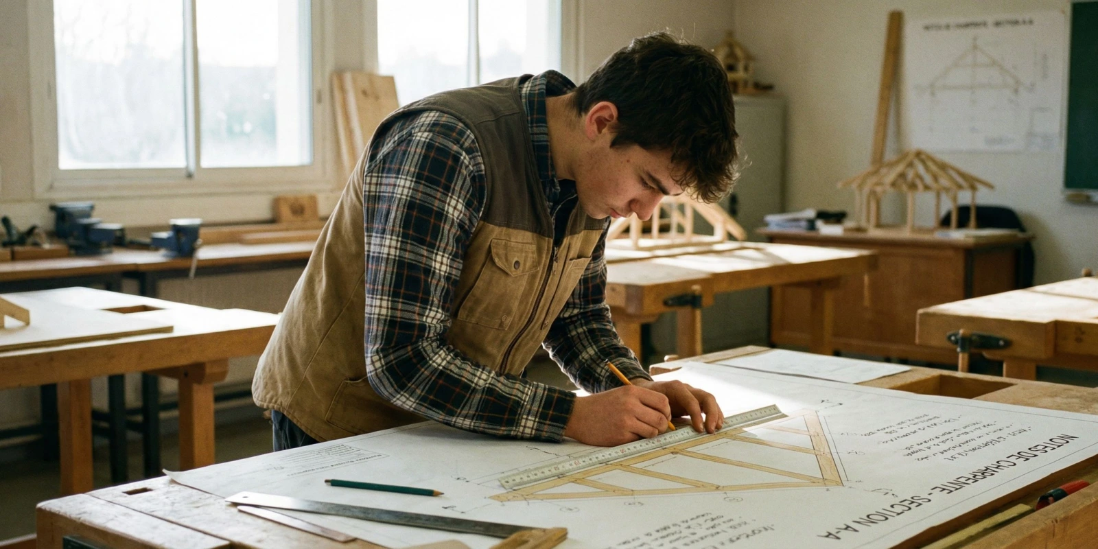 Métier de Charpentier Bois : Missions, Compétences, Conditions de Travail et Perspectives Charpentier bois en train d'assembler une structure de charpente traditionnelle sur chantier