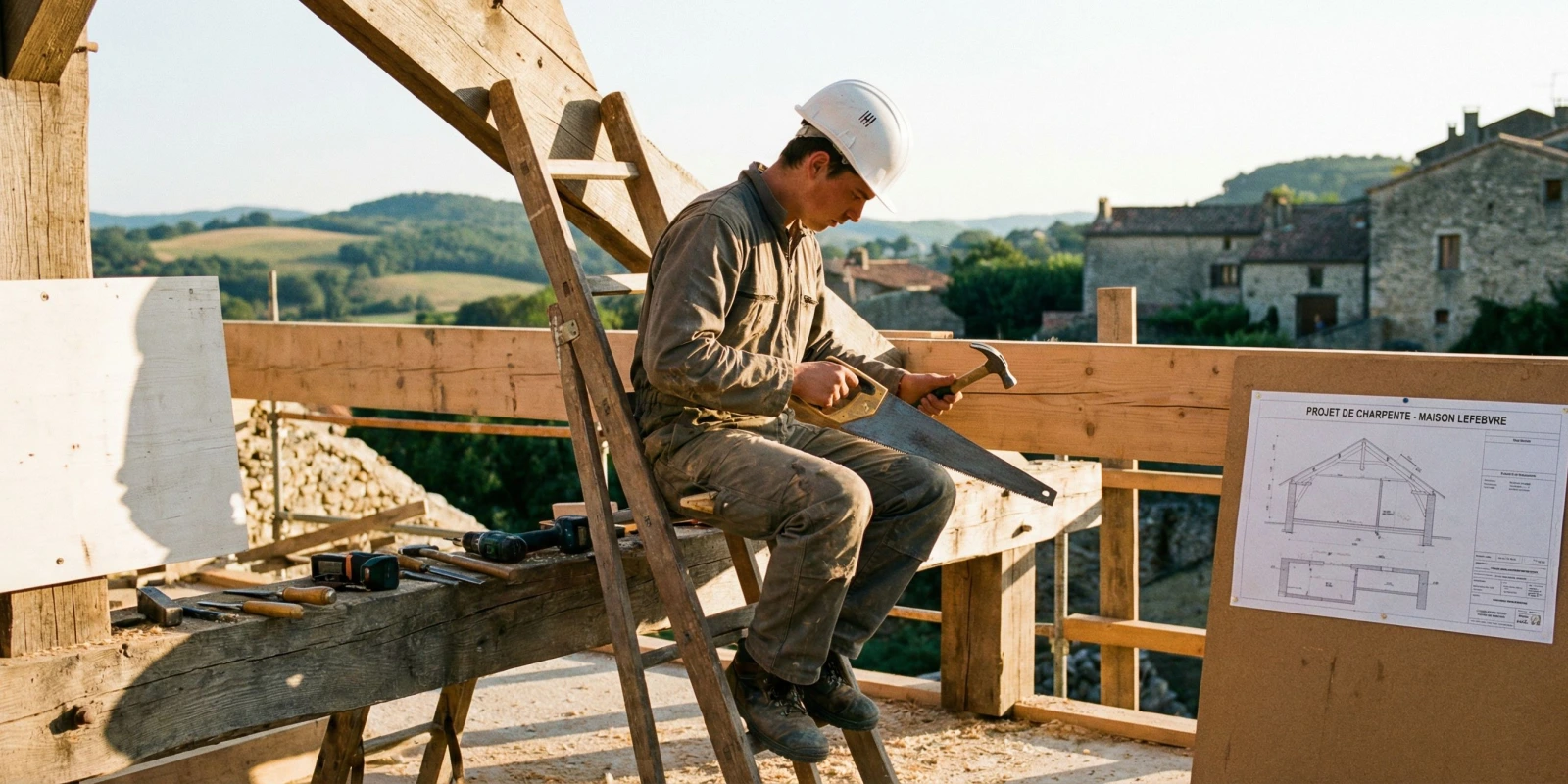 Salaire BP Charpentier Bois : Combien Gagne-t-on Vraiment Après le Diplôme ? Charpentier bois en hauteur assemblant une ossature bois sur chantier en France