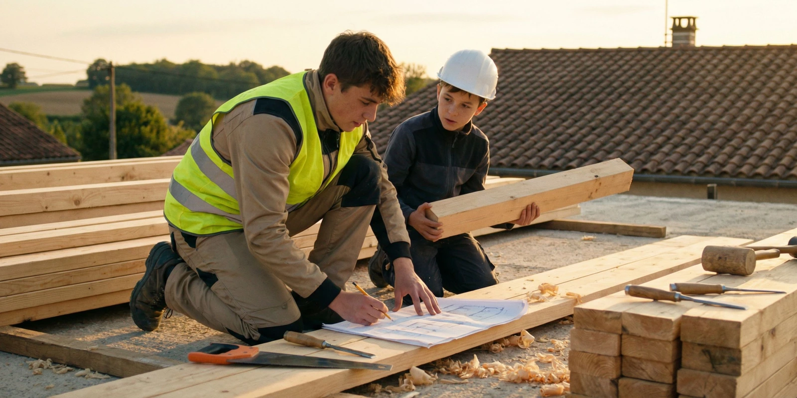 VAE BP Charpentier Bois : Comment Valider Ton Expérience et Décrocher le Diplôme ? Charpentier expérimenté sur chantier, tenant des plans de structure bois